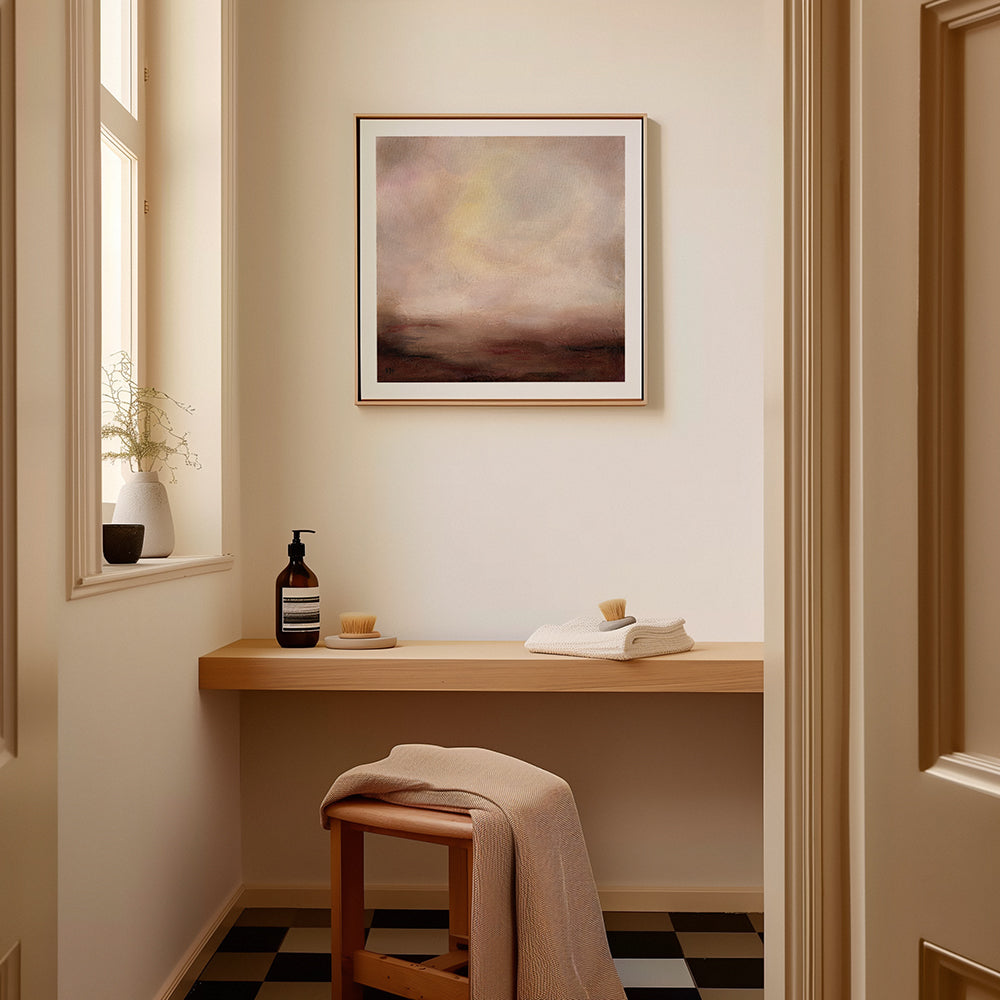 soft pink and brown dreamy calm abstract landscape painting and fine art print by Kari Herbert www.kariherbertart.com