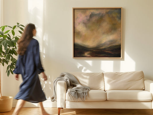 a woman walking past an expressive abstract landscape painting