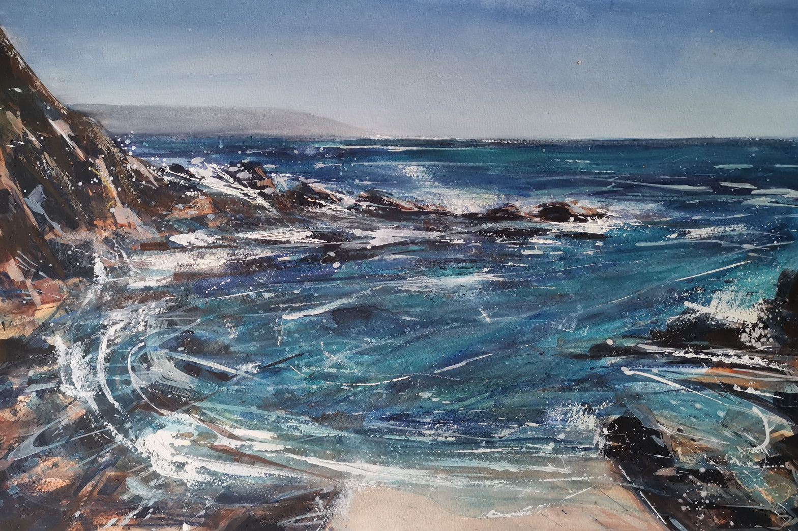 watercolour painting of a coastal scene at Cape Cornwall with rich turquoise and blue colors and dark rocks with white spray by Kari Herbert www.kariherbertart.com