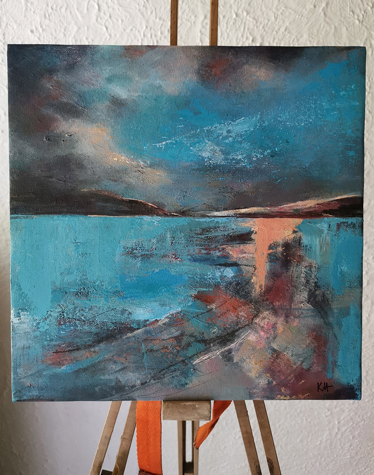 abstract landscape coastal painting on an easel with turquoise blues, orange, brown and peach colours. Vibrant and atmospheric by Kari Herbert www.kariherbertart.com