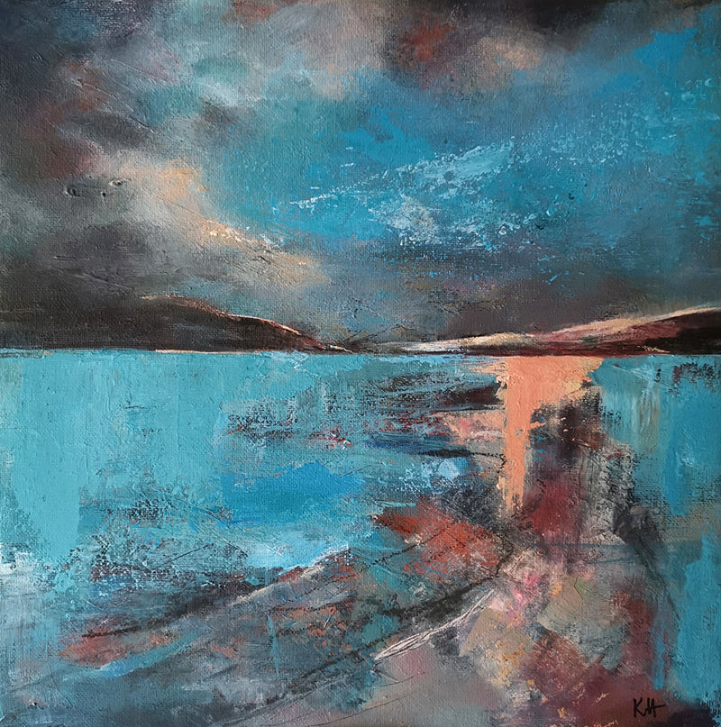 abstract landscape coastal painting with turquoise blues, orange, brown and peach colours. Vibrant and atmospheric by Kari Herbert www.kariherbertart.com