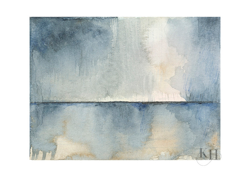 Fine art print of an original abstract watercolour called 'The Rain Comes In' by Kari Herbert - describing the light and feeling of heavy rain over a calm sea