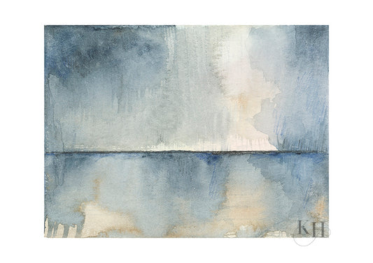 Fine art print of an original abstract watercolour called 'The Rain Comes In' by Kari Herbert - describing the light and feeling of heavy rain over a calm sea